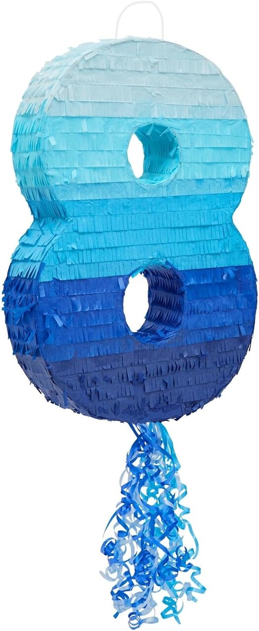 Blue Number 8 Pull String Pinata, Party Game for Kids, 16.5 x 11.3 In Fillable Hanging Decoration for 8th Birthday Decorations for Boys Girls, Holds Candy, Toys, Confetti